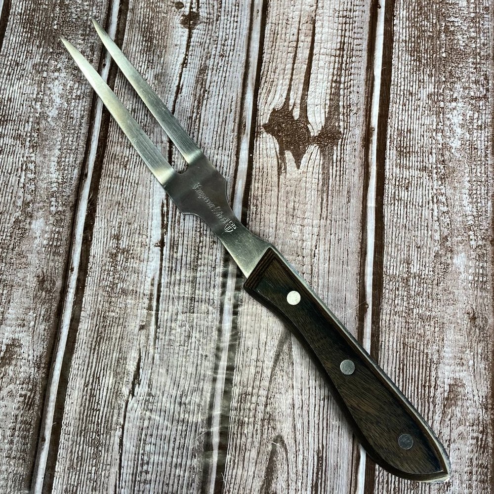 VTG EMPEROR STEEL HOUSEHOLD JAPAN STAINLESS STEEL MEAT FORK Rivets Wooden Handle